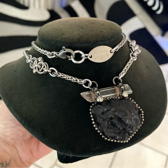 Natural black tourmaline & clear crystal quartz charm boho goth maille necklace - Picture 11 of 13